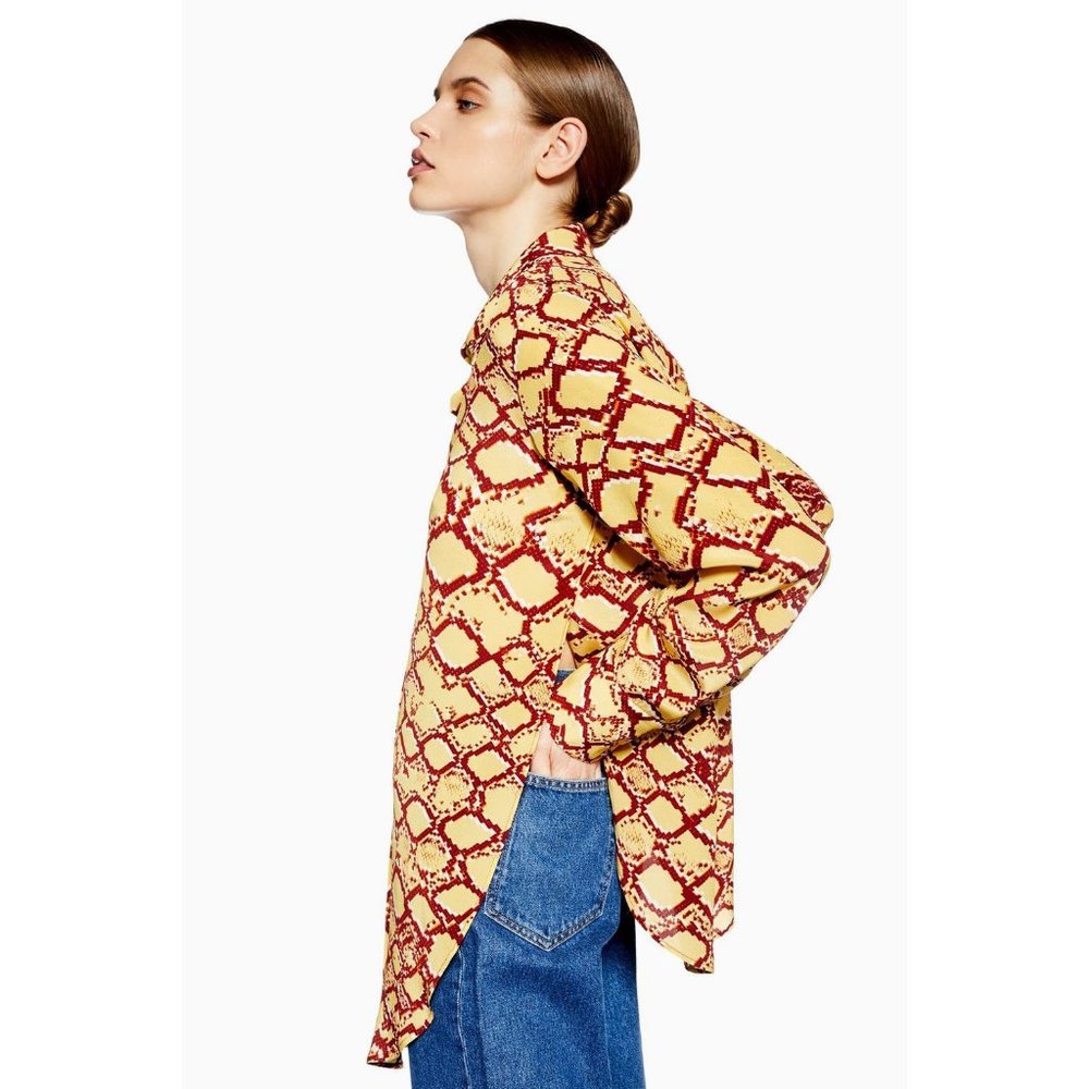 TOPSHOP BOUTIQUE 100% Silk Yellow Button Shirt UK 10 S Snake Python Side Slits